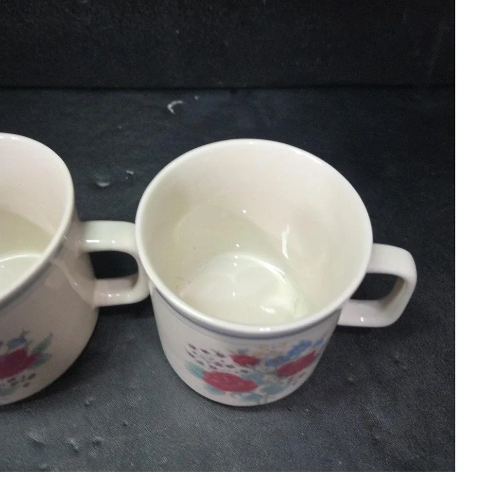 Gibson‎ Style Stoneware Coffee Cups, Purple Blue Rose Design Mugs, Set of 2, Vtg